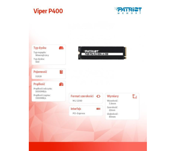 Patriot 512GB M.2 PCIe Gen4 NVMe P400 - 704415 - zdjęcie 2